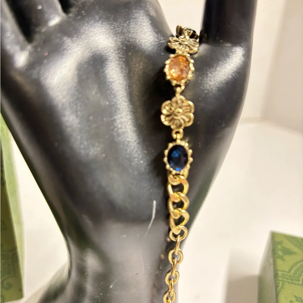 Vintage Multicolored Crystal Gucci Bracelet with Tiger Head Charm